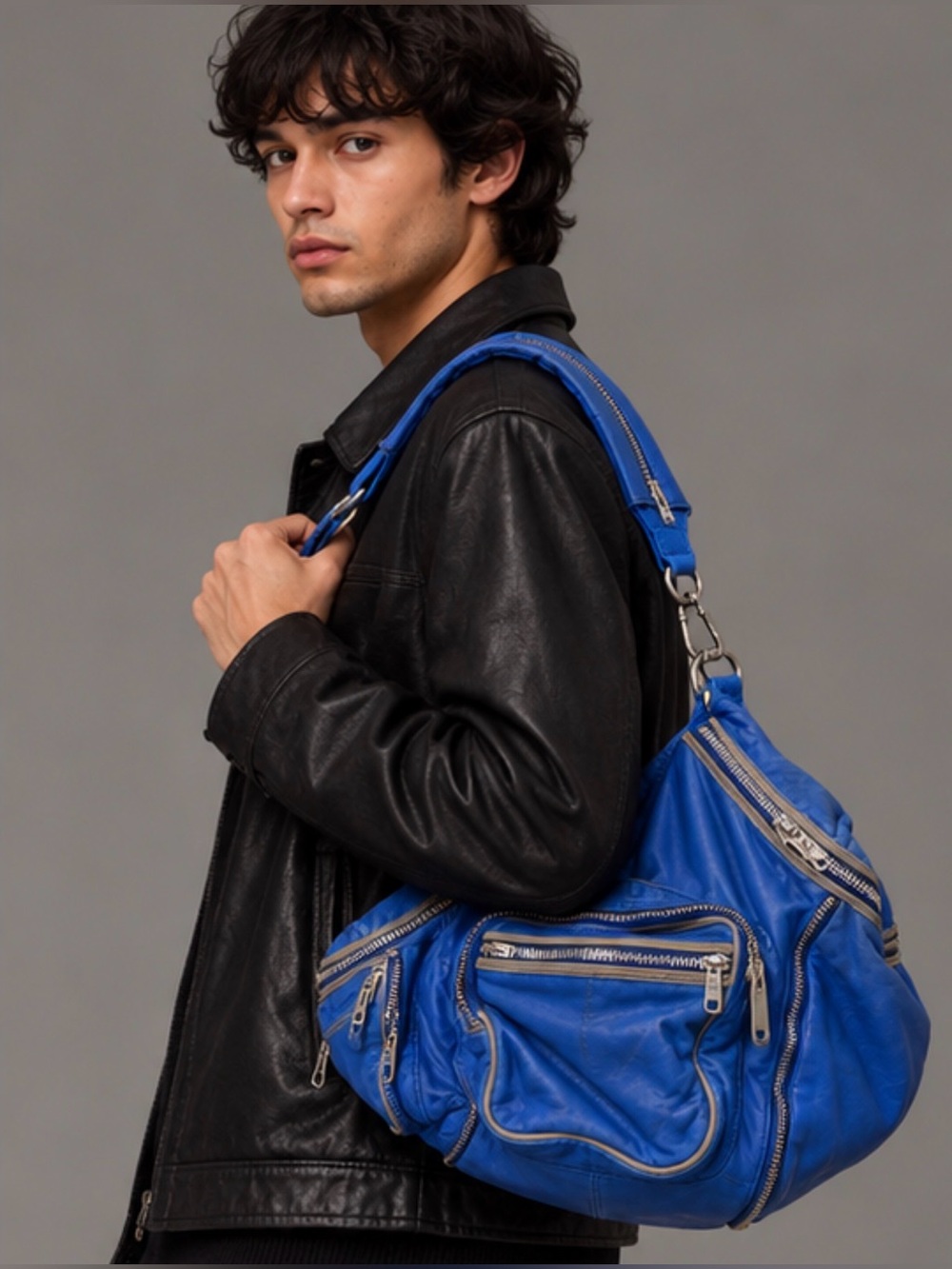 Alexander Wang Blue Leather Multi Zip Jane Shoulder Bag Moto Archive Designer